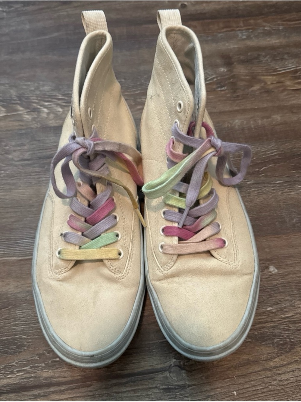 Vans High-Top Canvas Sneakers in Cream with Pastel Rainbow Laces